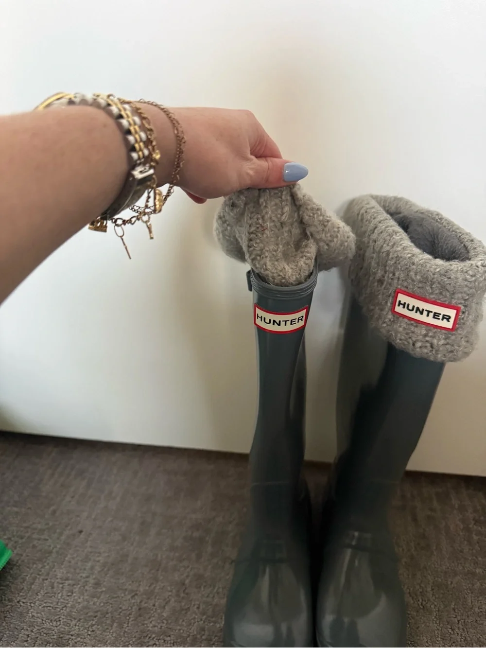 Hunter Tall Grey Rubber Rain Boots with Grey Knit Cuff